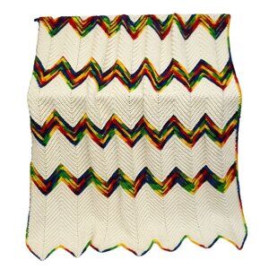Hand Crochet Chevron Rainbow Afghan Cream Primary Colors Acrylic